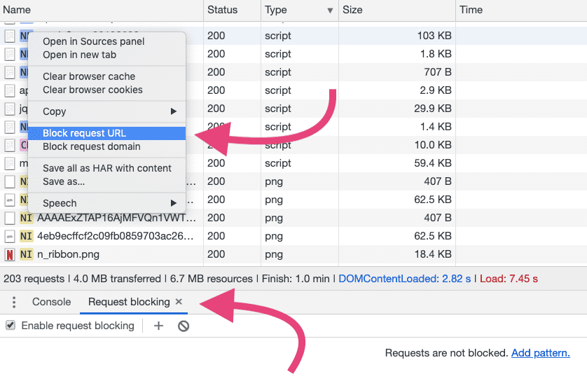 Chrome DevTools পারফরম্যান্স প্যানেলে প্রসঙ্গ মেনুর একটি স্ক্রিনশট। 'ব্লক অনুরোধ URL' বিকল্পটি হাইলাইট করা হয়েছে।