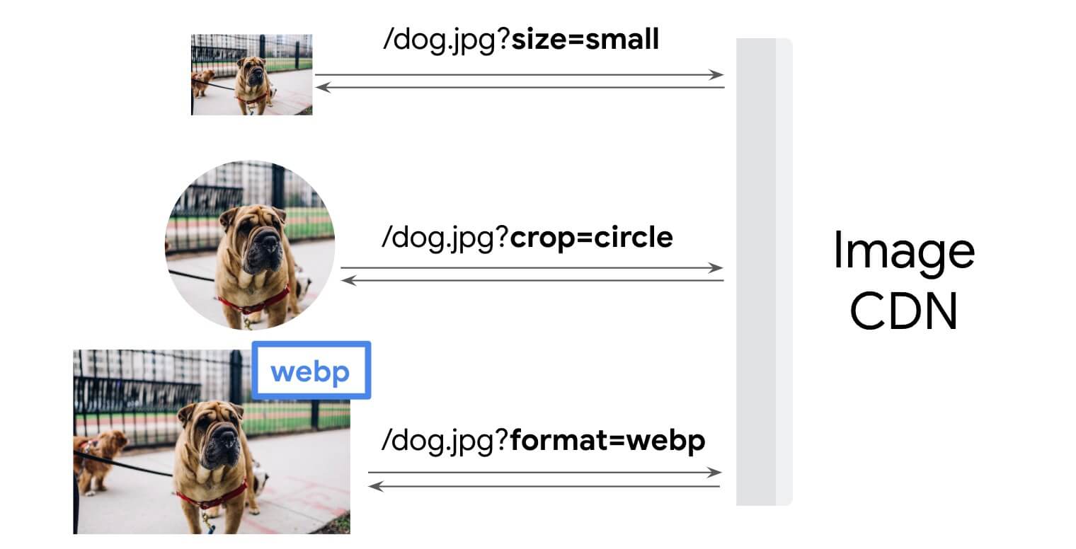 Mostra o fluxo de solicitação/resposta entre a CDN de imagem e o cliente. Parâmetros como tamanho e formato são usados para solicitar variações da mesma imagem.
