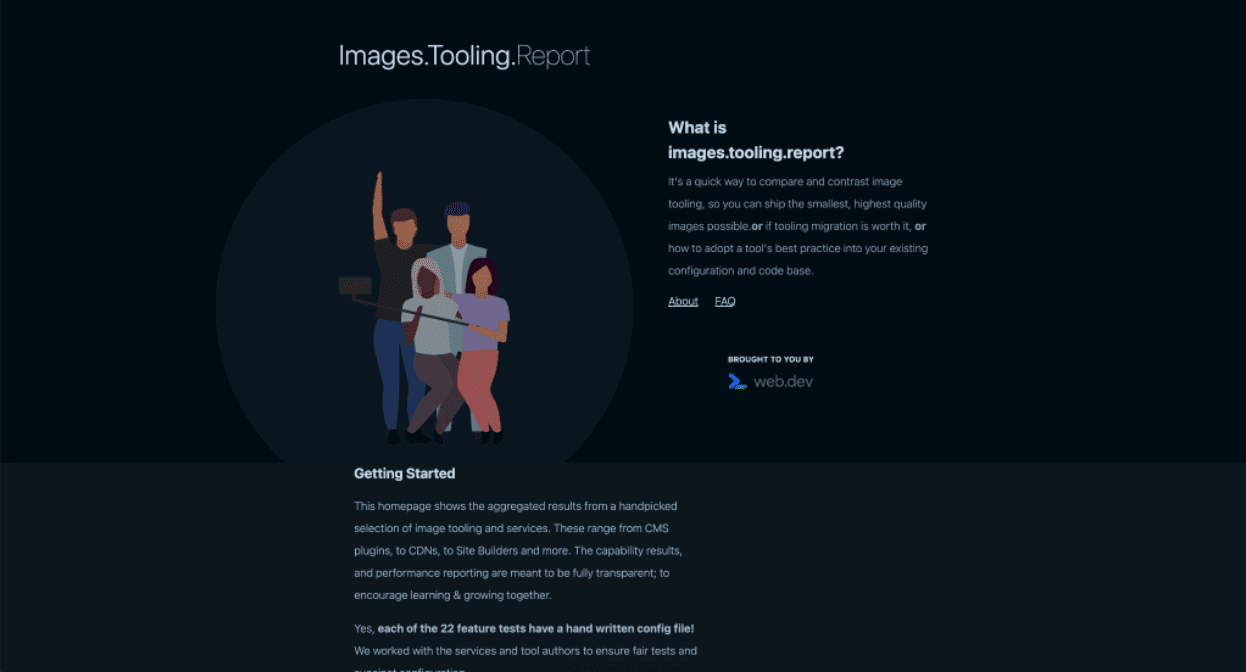 ダークモードの images.tooling.report のランディング ページのスクリーンショット。