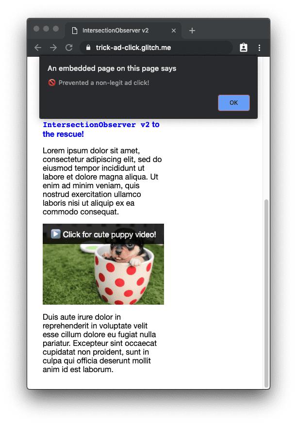 ইন্টারসেকশন অবজারভার v2 একটি বিজ্ঞাপনে অনিচ্ছাকৃত ক্লিক প্রতিরোধ করে।