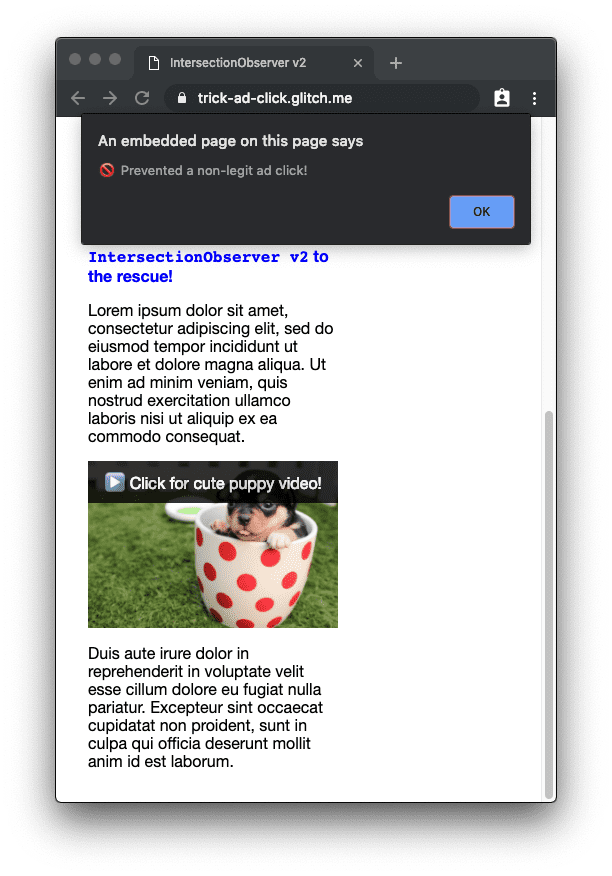 نرمافزار Intersection Observer نسخه ۲ از کلیک ناخواسته روی یک تبلیغ جلوگیری میکند.