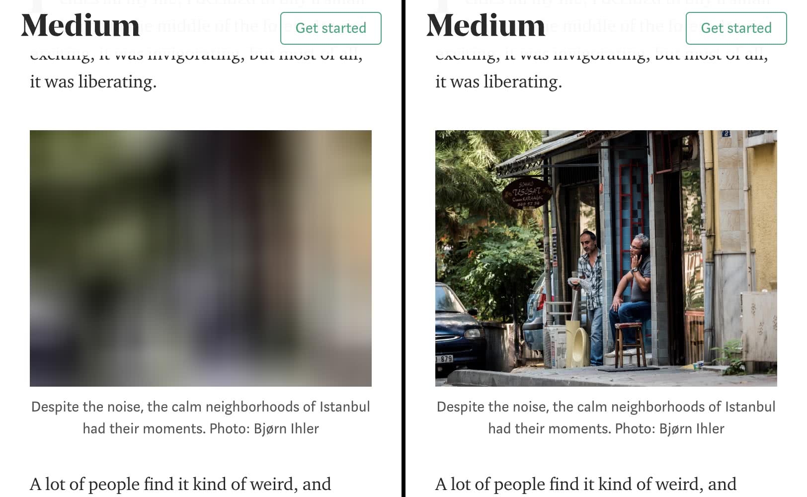 Скриншот веб-сайта Medium при просмотре, демонстрирующий ленивую загрузку в действии. Размытый заполнитель находится слева, а загруженный ресурс — справа.