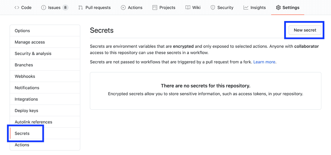 GitHub の [Settings] タブのスクリーンショット