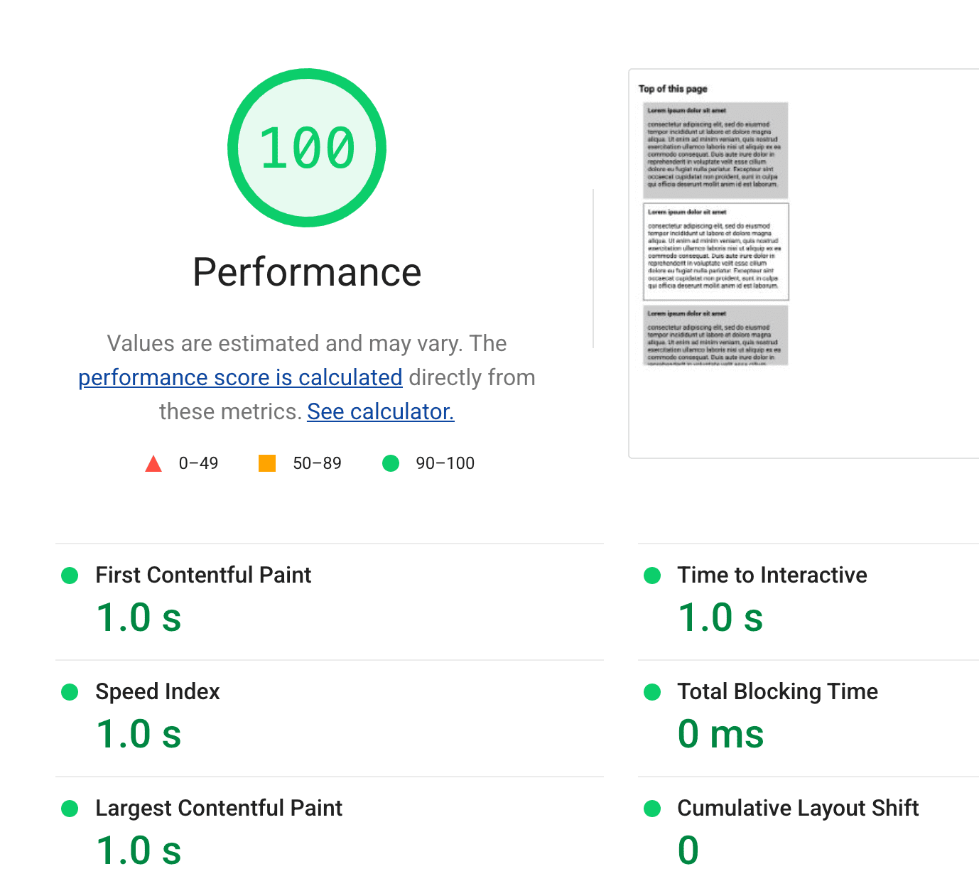 El informe de Lighthouse que solo abarca la navegación de páginas con todas las métricas verdes