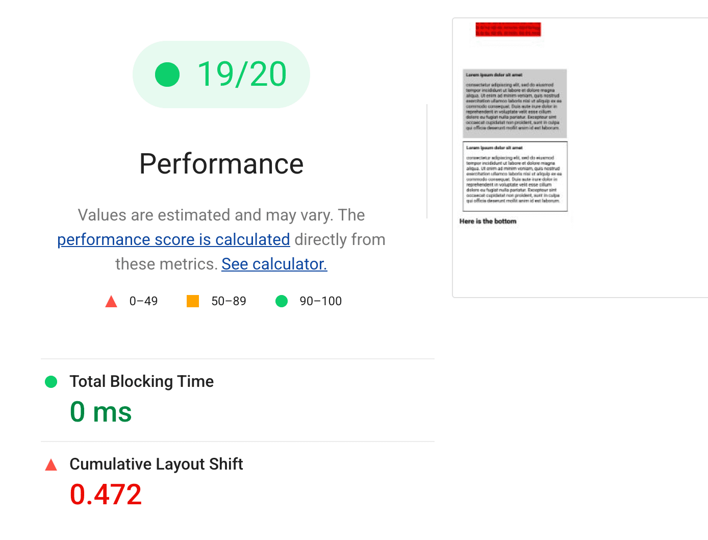 O relatório do Lighthouse que abrange a navegação e a rolagem da página com uma CLS insatisfatória