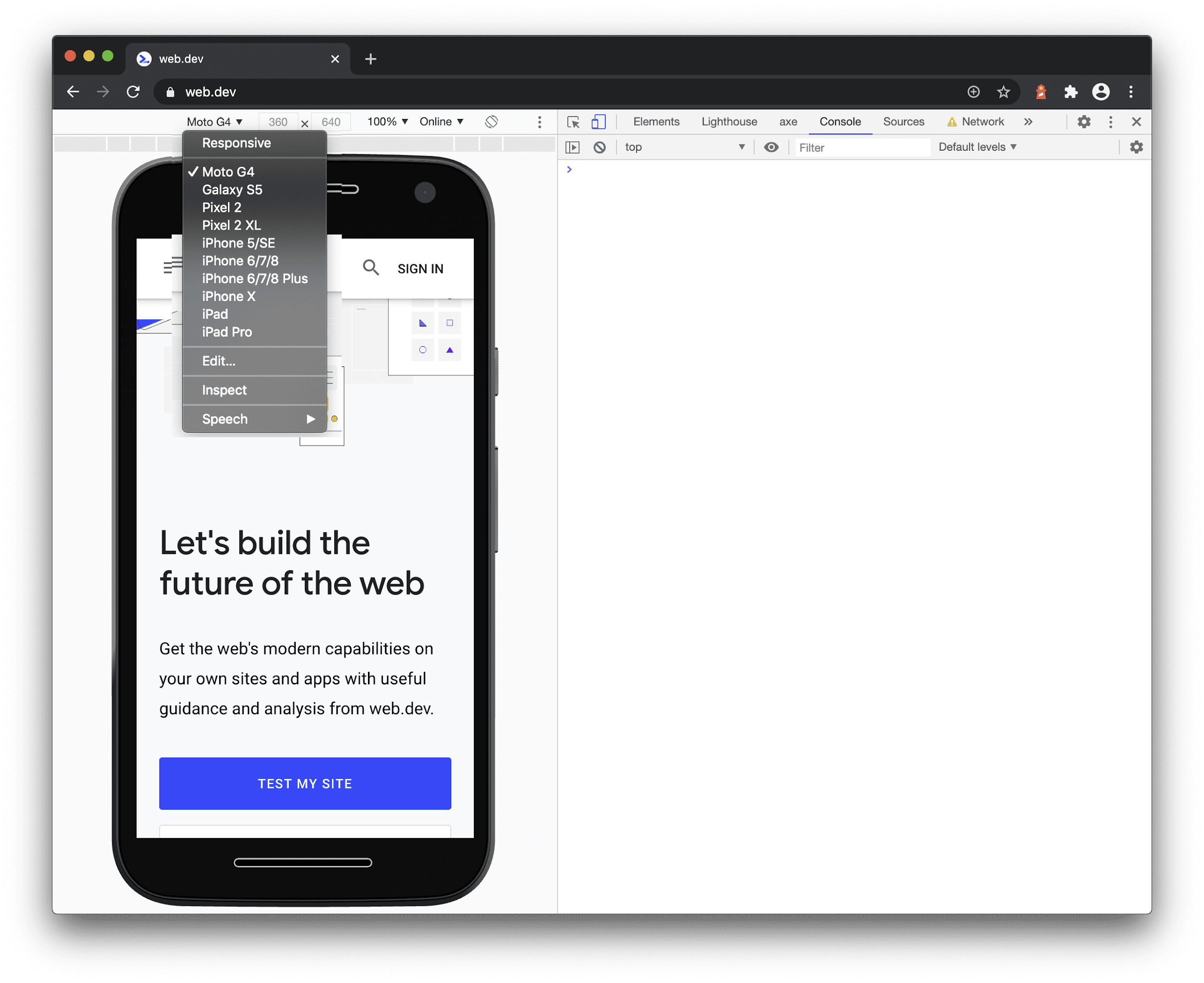 Moto G4 を含む Chrome DevTools のデバイス エミュレーション リスト。