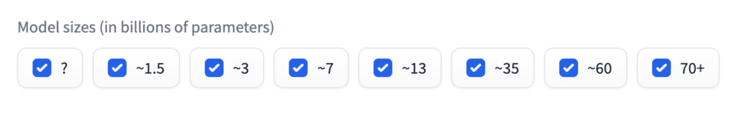 Screenshot of HuggingFace model size checkboxes.