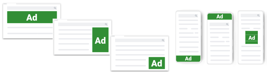 Ilustración de dispositivos con diferentes tamaños de viewport, con posiciones de anuncios estilizadas como cuadros verdes, cada uno con la palabra &quot;Anuncio&quot;.