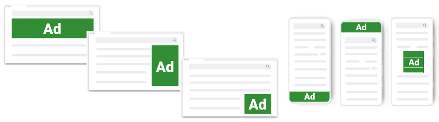 تصویری از دستگاه‌ها در اندازه‌های درگاه دید متفاوت، با مکان‌های تبلیغاتی که به شکل جعبه‌های سبز طراحی شده‌اند و هر کدام «آگهی» را می‌خوانند.