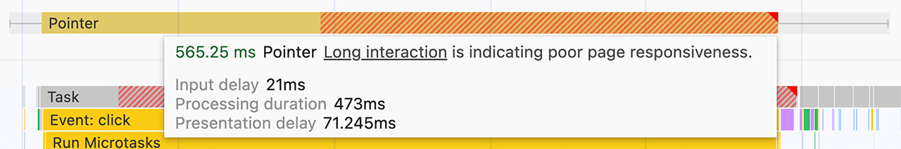 Tooltip pengarahan kursor untuk interaksi seperti yang ditampilkan di panel performa Chrome DevTools. Tooltip menunjukkan berapa banyak waktu yang dihabiskan dalam interaksi, dan di bagian mana, termasuk penundaan input interaksi, durasi pemrosesan, dan penundaan presentasi.