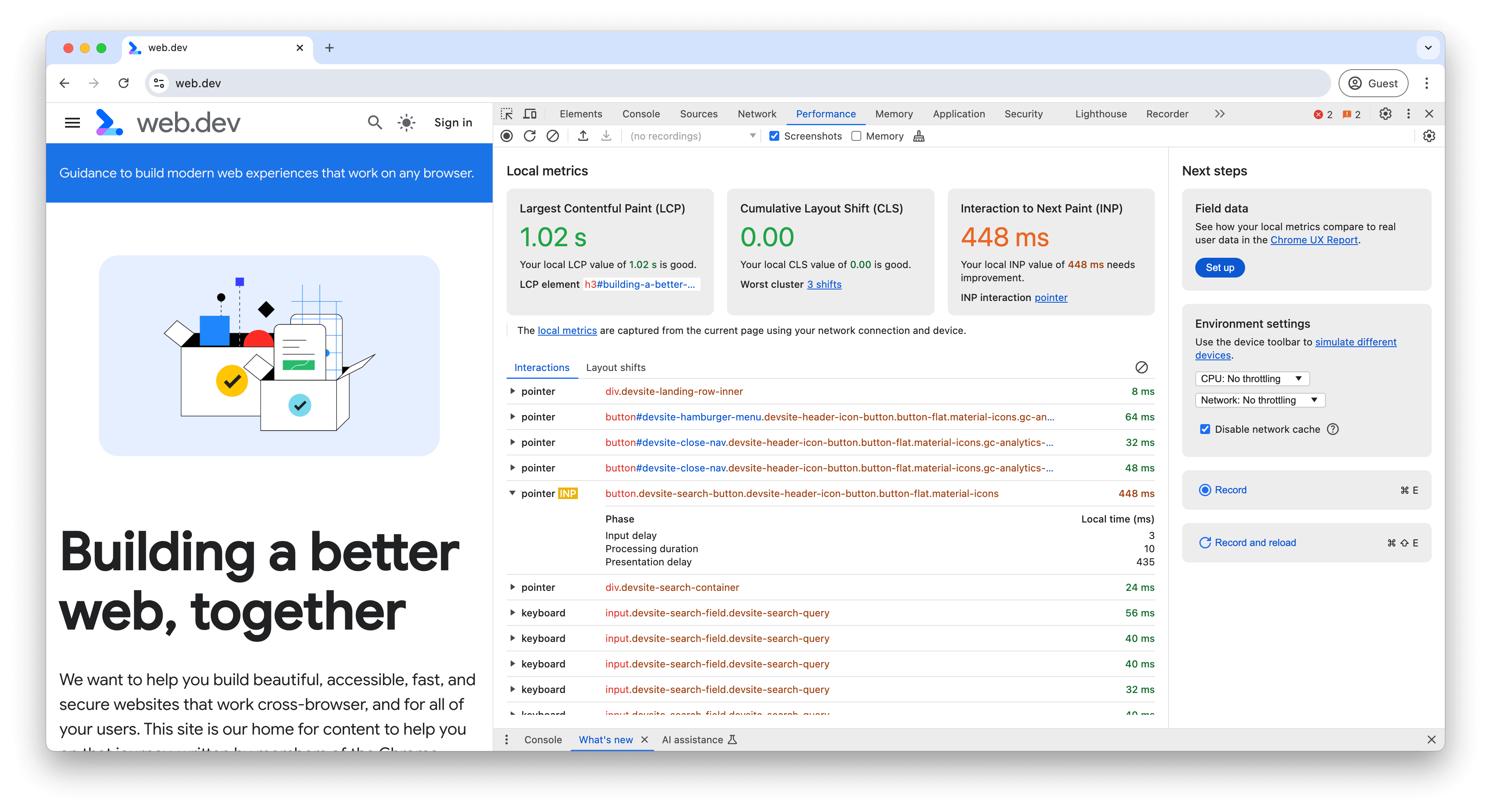 Como os registros de interações aparecem na tela de métricas em tempo real do painel &quot;Performance&quot;.