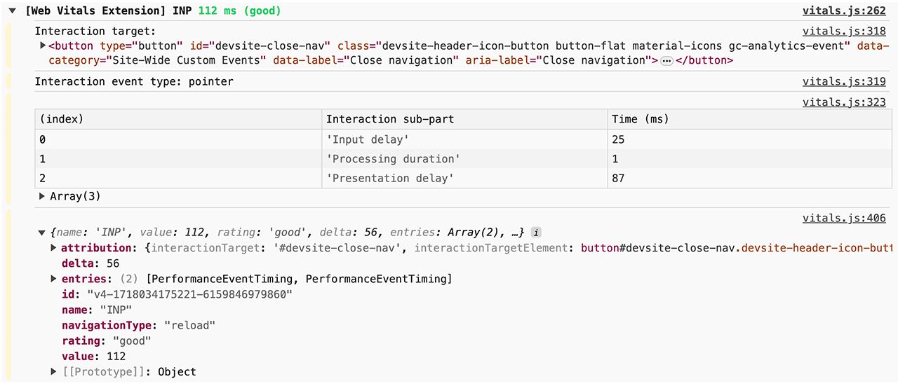 Как журналы INP из расширения Web Vitals отображаются в консоли Chrome DevTools. Доступна подробная регистрация, в которой указывается, какая часть взаимодействия заняла больше всего времени, а также подробные данные атрибуции из различных API производительности.