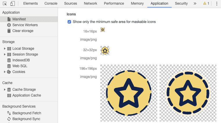 Applications panel in DevTools displaying PWA icons with edges cropped