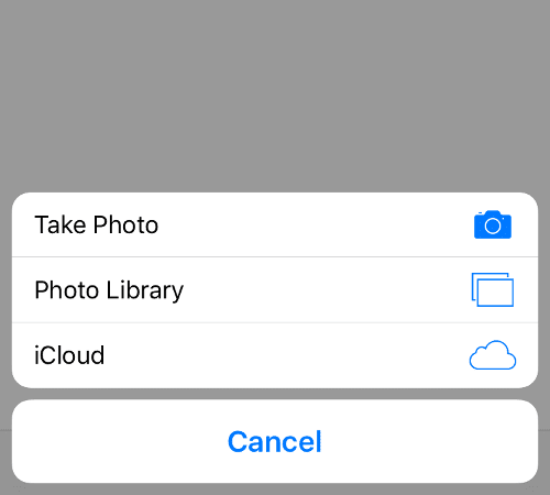 Ein iOS-Menü mit drei Optionen: Foto aufnehmen, Fotogalerie, iCloud