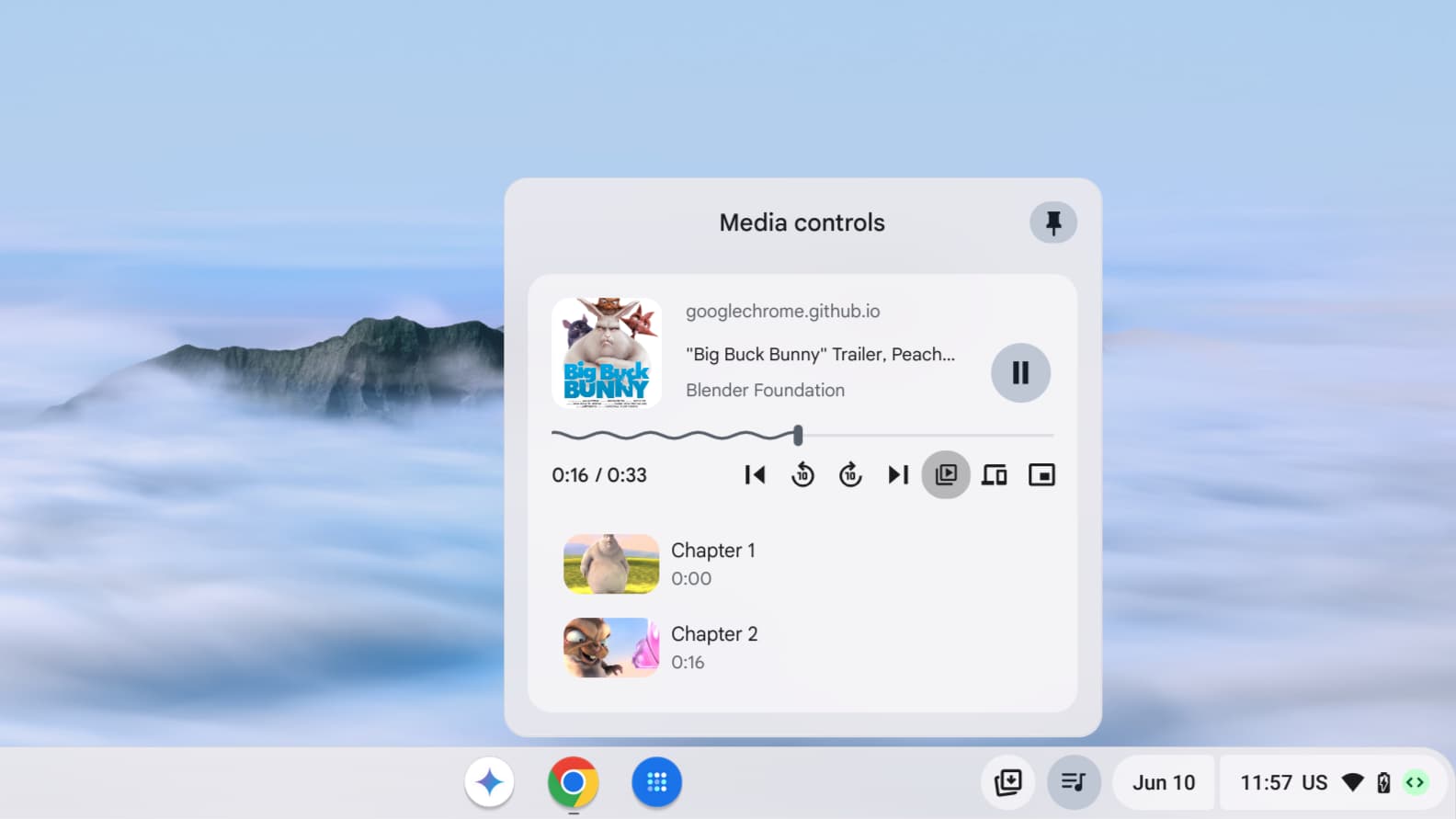 Informações do capítulo exibidas em uma notificação de mídia do ChromeOS.