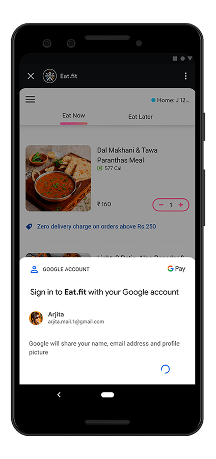 แอปขนาดเล็ก Eat.fit ที่ทำงานในแอปขั้นสูงของ Google Pay แสดง Bottom Sheet การลงชื่อเข้าใช้