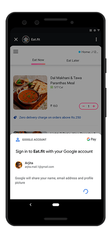 在 Google Pay 超级应用中运行的 Eat.fit 迷你应用，显示了登录底部动作条。