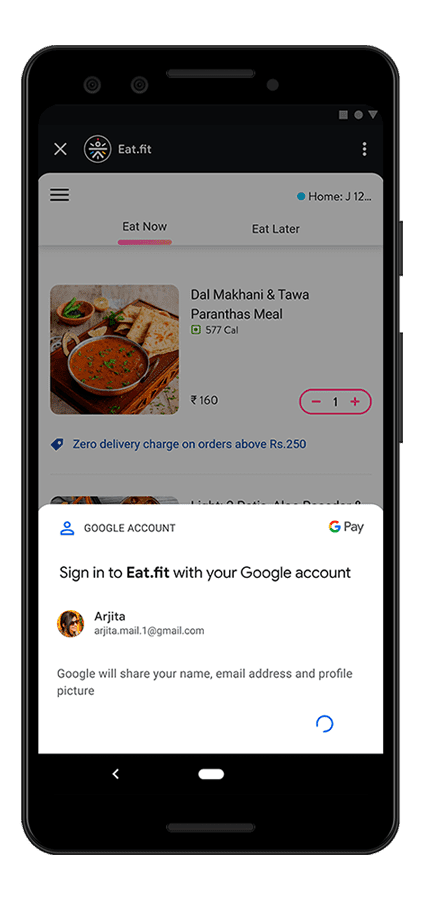 Miniaplikacja Eat.fit uruchomiona w superaplikacji Google Pay, na której widać planszę dolną z logowaniem.
