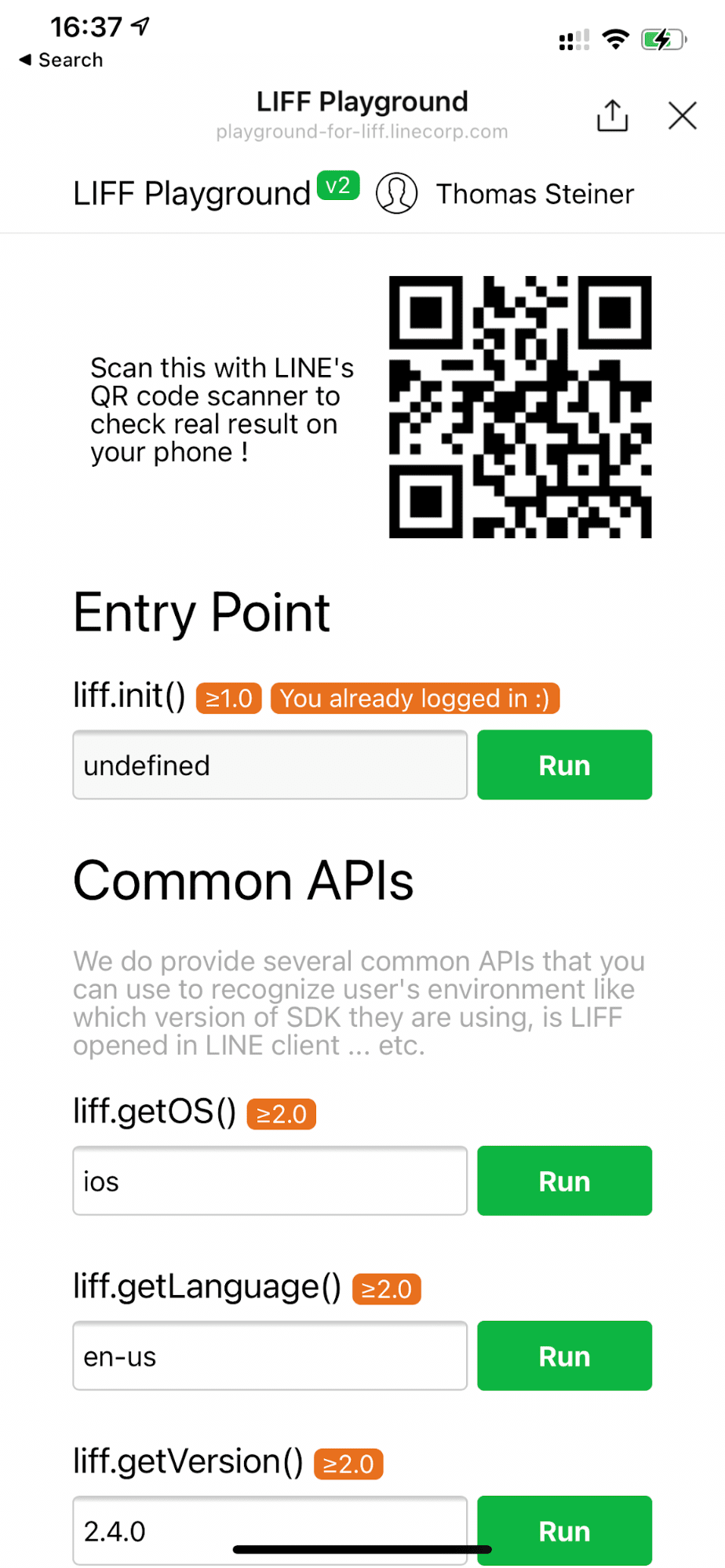 iOS デバイスで実行されている LINE Playground のデモアプリ。「liff.getOS()」から「ios」が返されます。