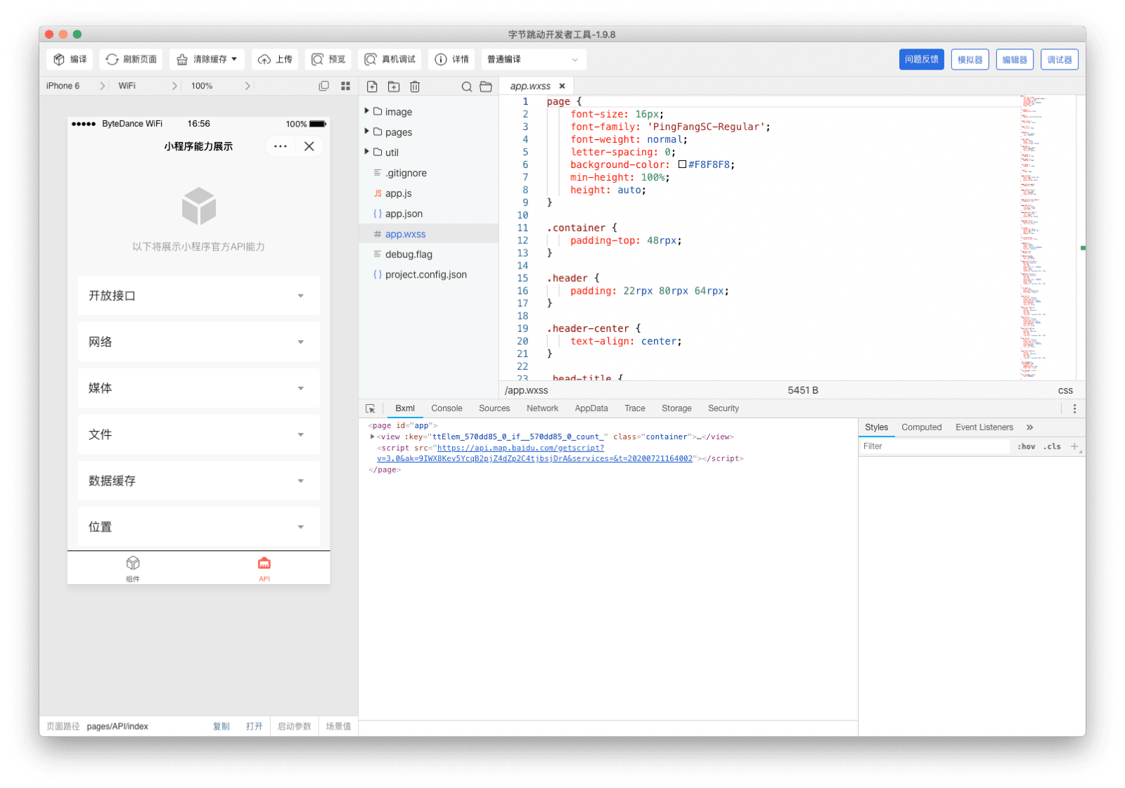 Окно приложения ByteDance DevTools, показывающее симулятор, редактор кода и отладчик.