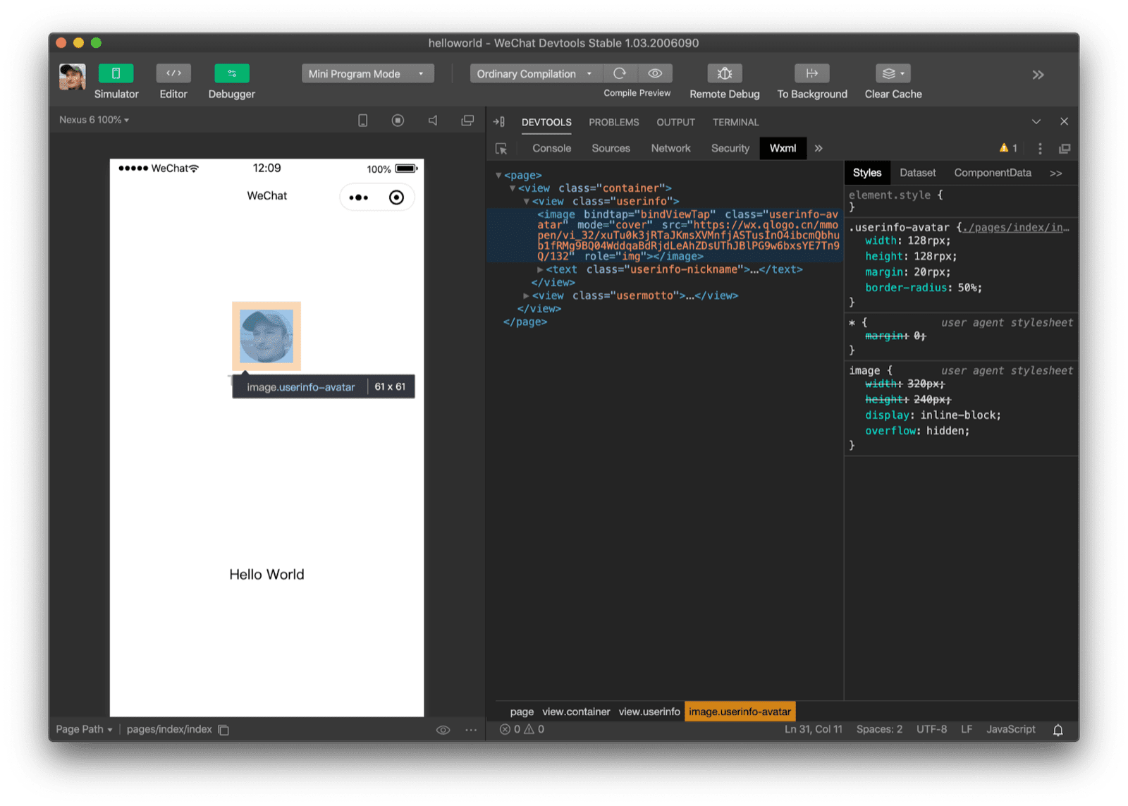 Sprawdzanie obrazu za pomocą panelu „Wxml” narzędzia WeChat DevTools. Widać, że używany tag to tag „image”.