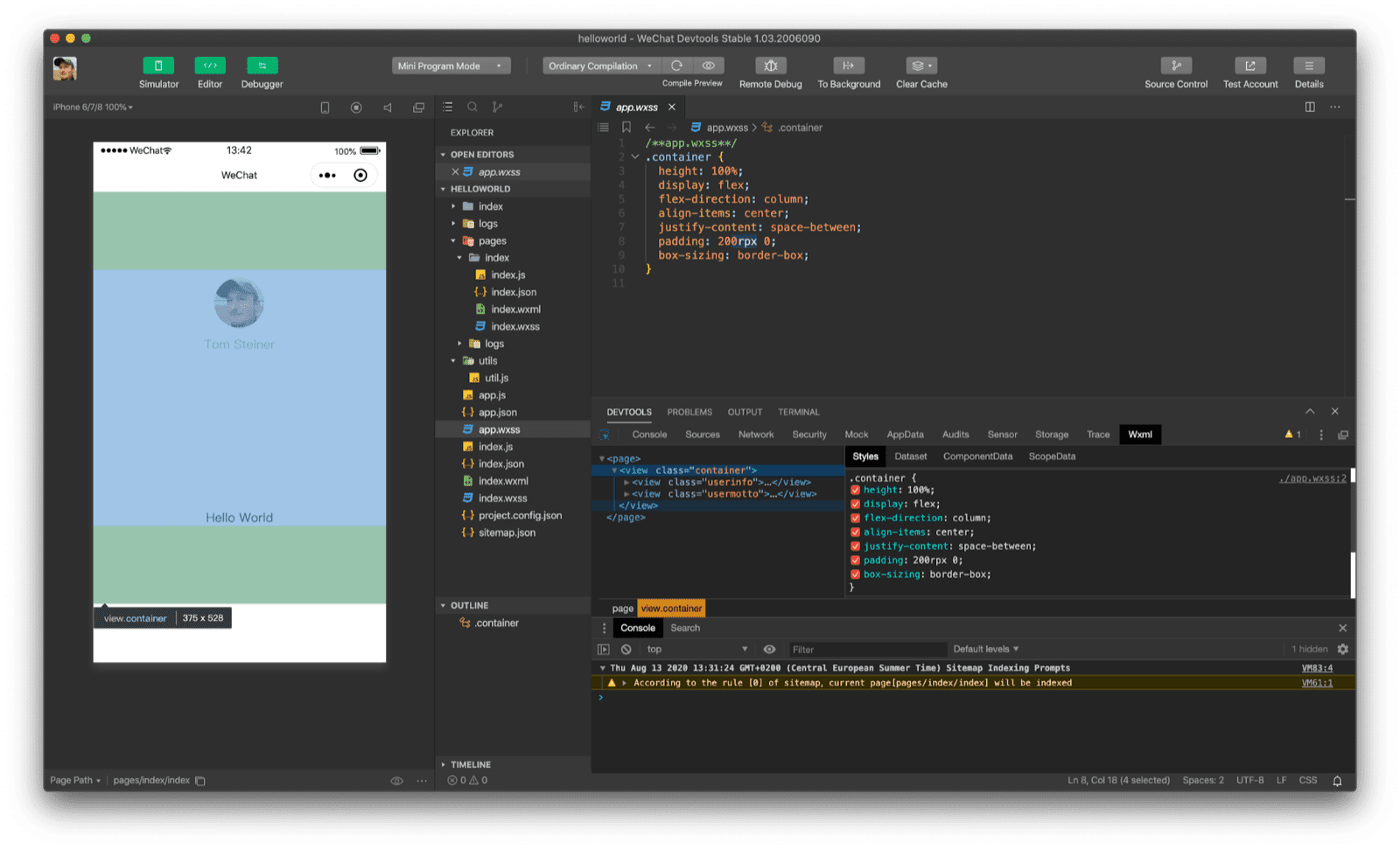 Memeriksa tampilan dengan padding atas dan bawah yang ditentukan sebesar `200rpx` di WeChat DevTools.