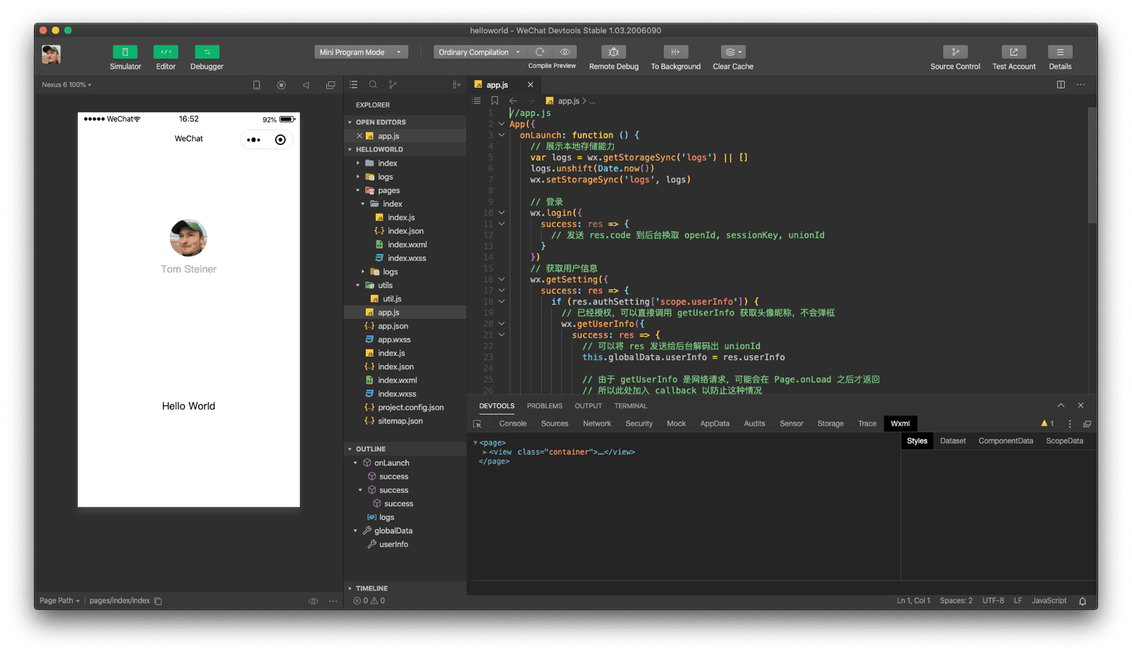 Окно приложения WeChat DevTools, показывающее симулятор, редактор кода и отладчик.