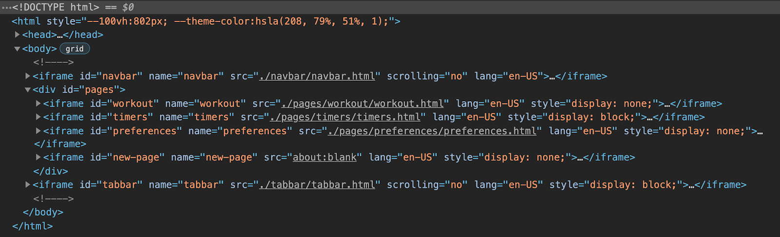 Vue des outils de développement Chrome de la structure HTML de l&#39;application, qui montre qu&#39;elle se compose de six iframes : un pour la barre de navigation, un pour la barre d&#39;onglets et trois regroupés pour chaque page de l&#39;application, avec un dernier iframe d&#39;espace réservé pour les pages dynamiques.