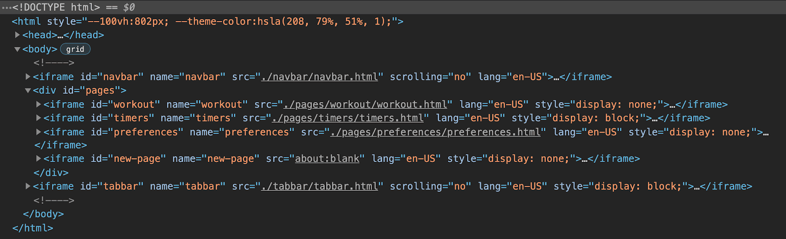 アプリの HTML 構造を示す Chrome DevTools ビュー。6 つの iframe（ナビゲーション バー用、タブバー用、アプリのページごとにグループ化された 3 つの iframe）で構成されており、動的ページの最終的なプレースホルダ iframe が表示されている。