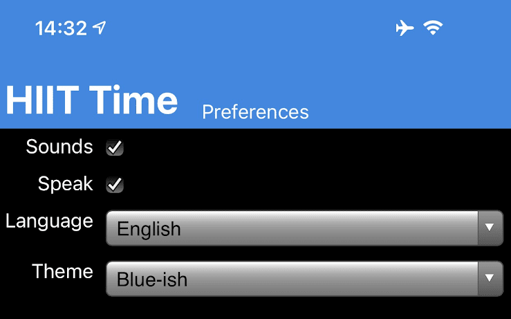 Page des préférences de l&#39;application HIIT Time affichant un formulaire dans une mise en page en grille.