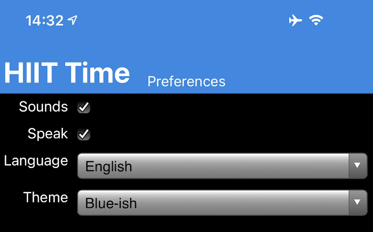 Página de preferências do app HIIT Time mostrando um formulário no layout de grade.