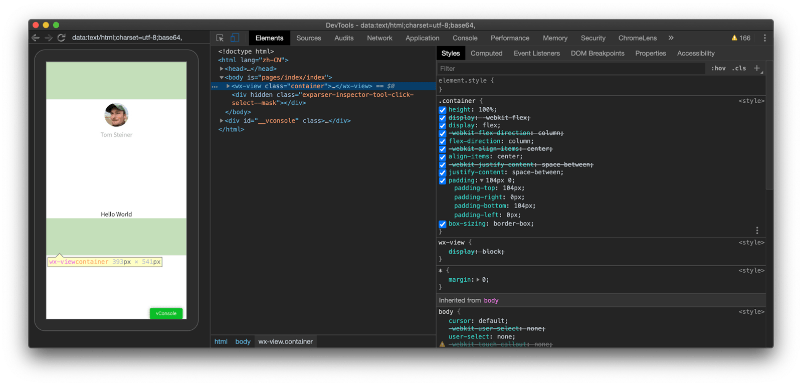 A inspeção de uma visualização com o Chrome DevTools cujo preenchimento de pixel responsivo foi especificado com &quot;200 rpx&quot; mostra que, na verdade, ela se refere a &quot;104 px&quot; em um dispositivo Pixel 3a.