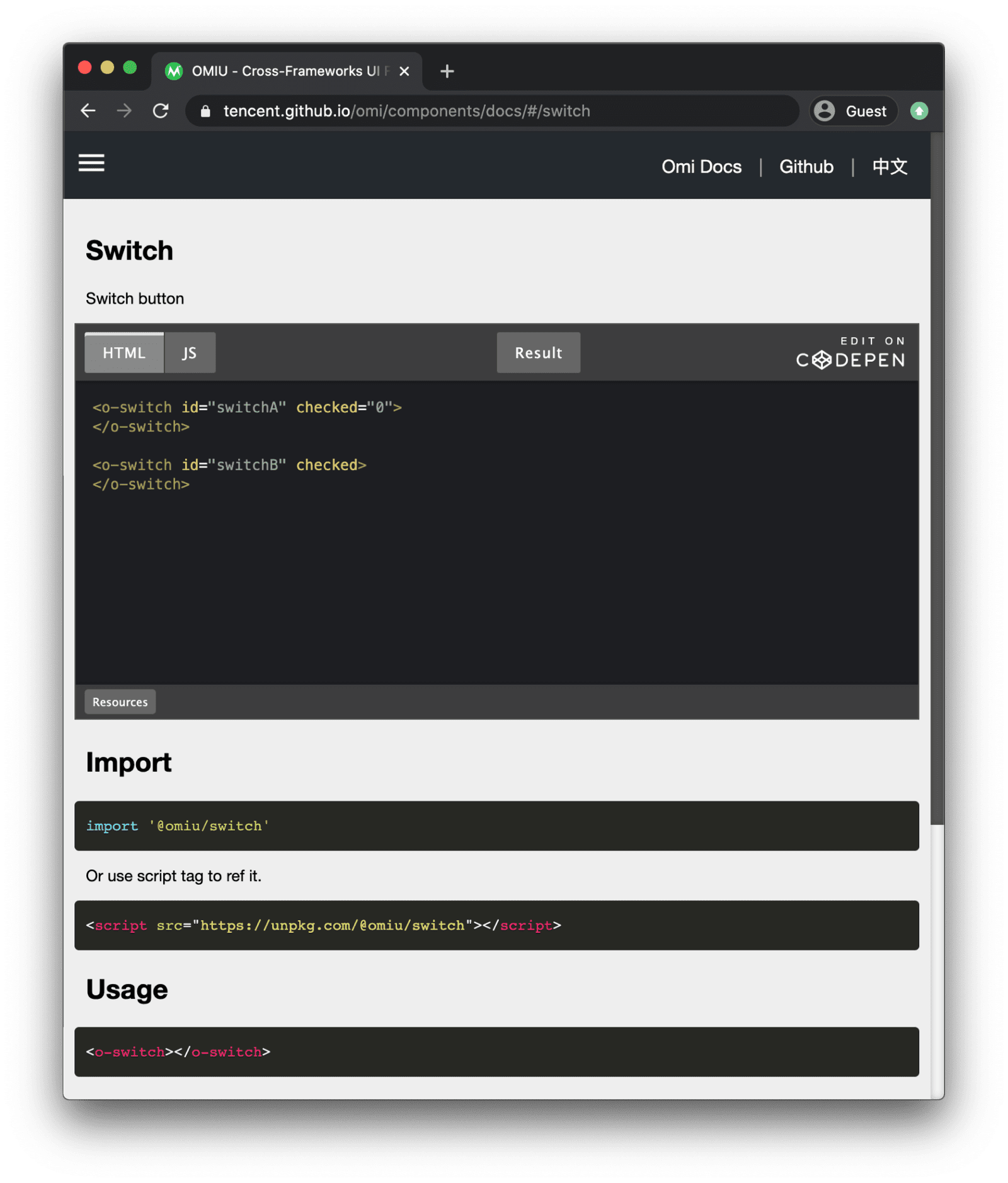 Demostración del framework de Omiu que muestra componentes relacionados con el formulario, es decir, interruptores.