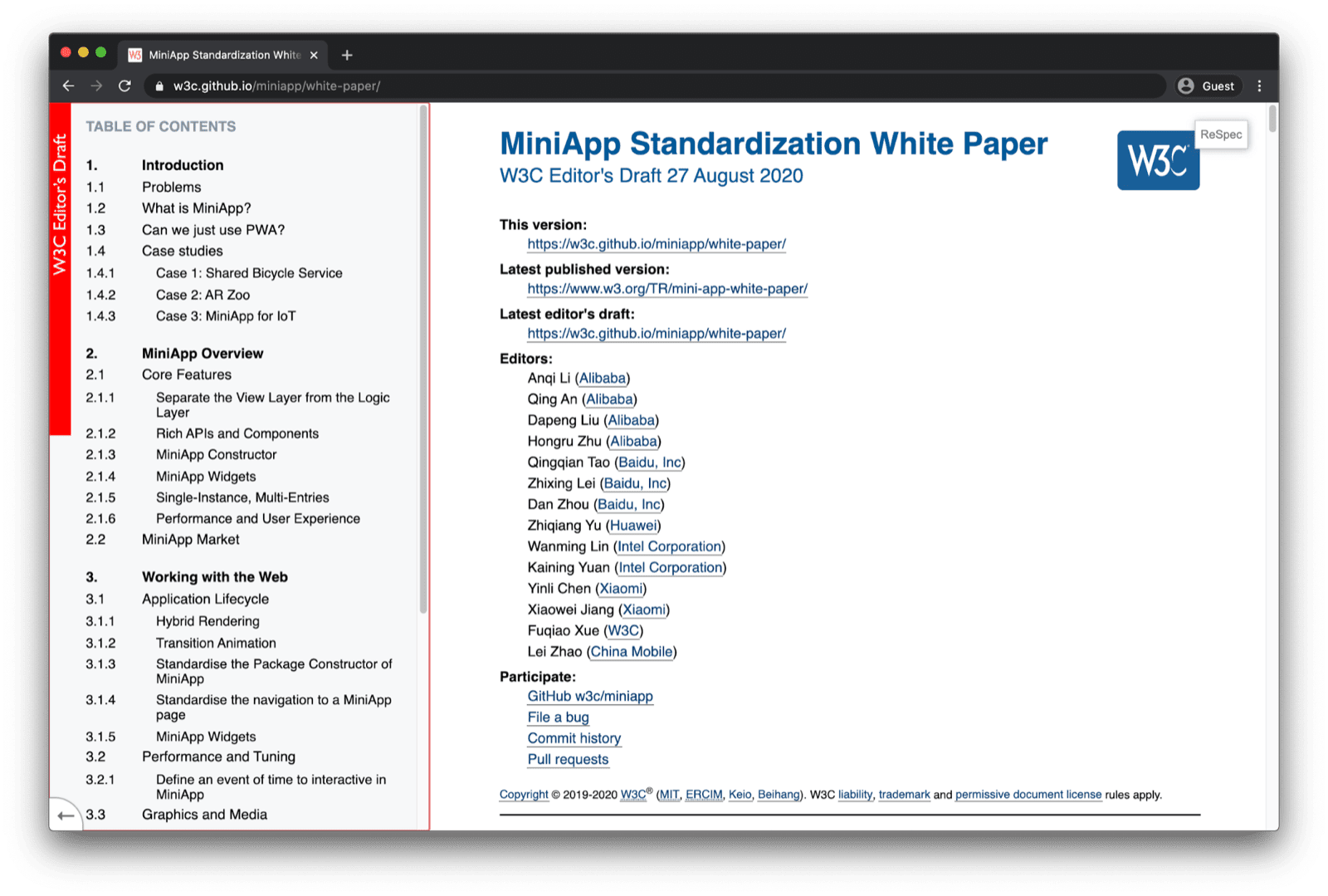 Nagłówek dokumentu dotyczącego standaryzacji aplikacji MiniApp w oknie przeglądarki.