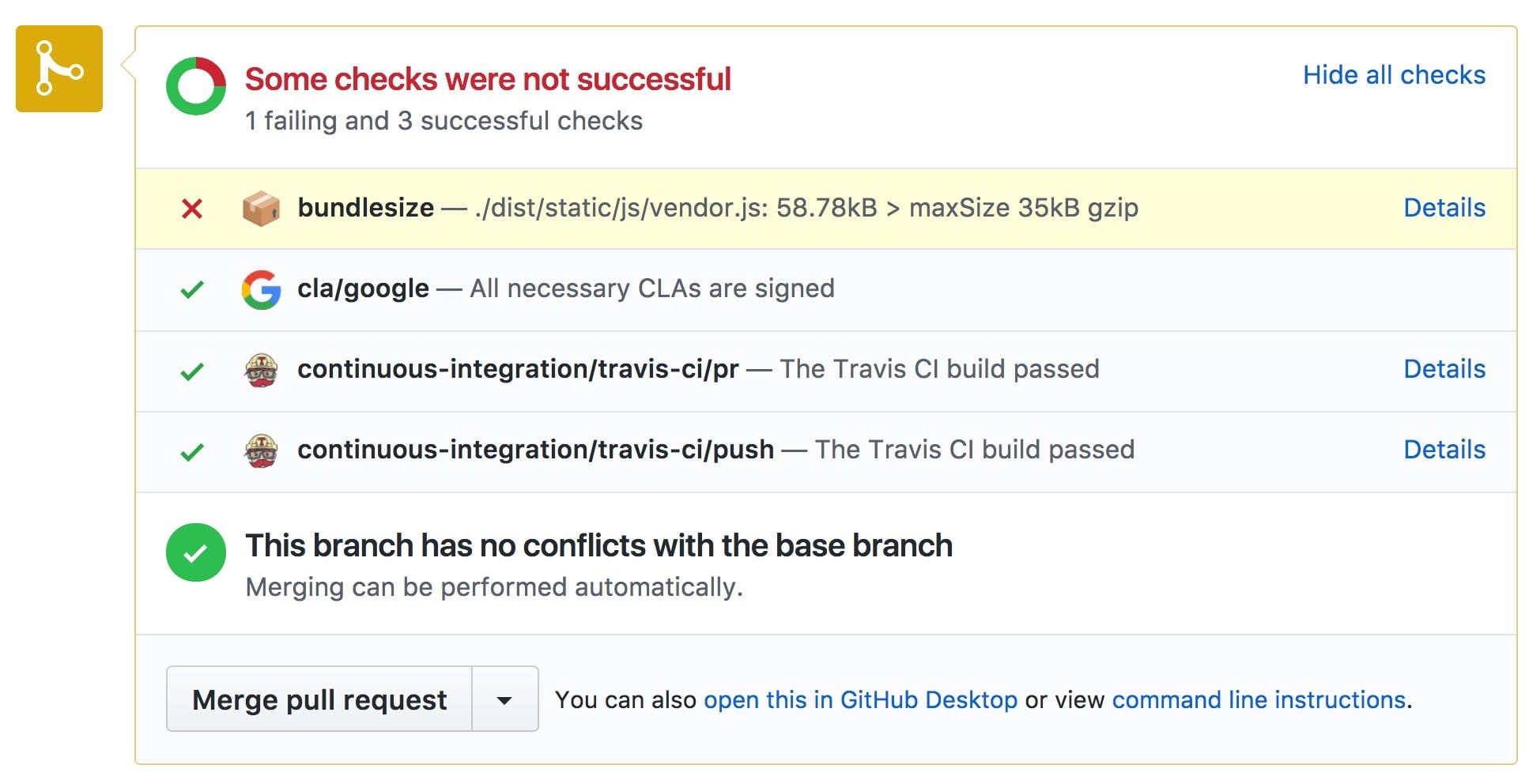 GitHub&#39;da pull isteğinin CI bölümünün ekran görüntüsü. CI araçları arasında, Google Cloud Platform&#39;a gidip