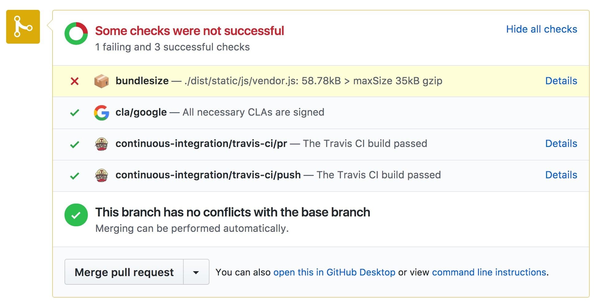 Скриншот раздела CI запроса на включение на GitHub. Среди инструментов CI есть вывод Bundlesize.