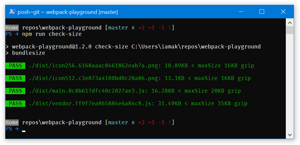 Uno screenshot dell&#39;output bundlesize. Tutti i risultati della compilazione sono contrassegnati con &quot;Pass&quot;