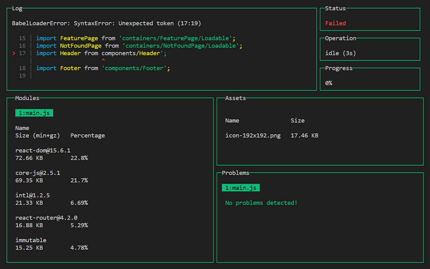 webpack-dashboard के आउटपुट का स्क्रीनशॉट