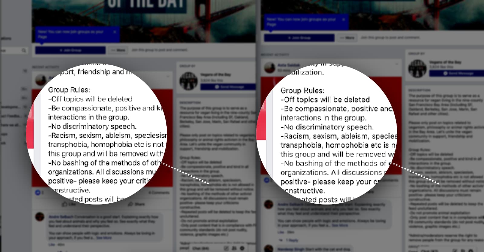 Perbandingan dua paragraf dari halaman grup Facebook. Di sebelah kiri adalah Chrome dan yang kanan adalah Safari, dan Chrome lebih halus tetapi sedikit lebih ketat dalam hal spasi.