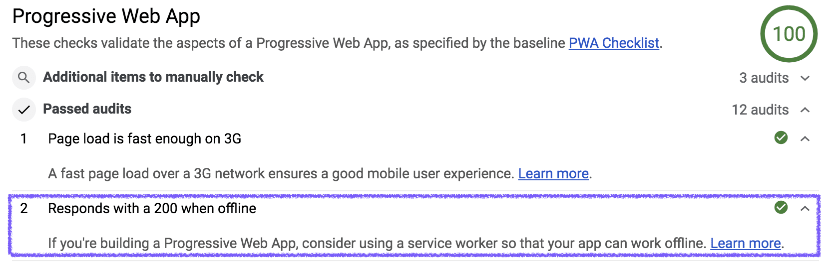 รายงาน Progressive Web App ของ Lighthouse ที่แสดงการผ่านการตอบสนองด้วยการตรวจสอบแบบออฟไลน์ 200