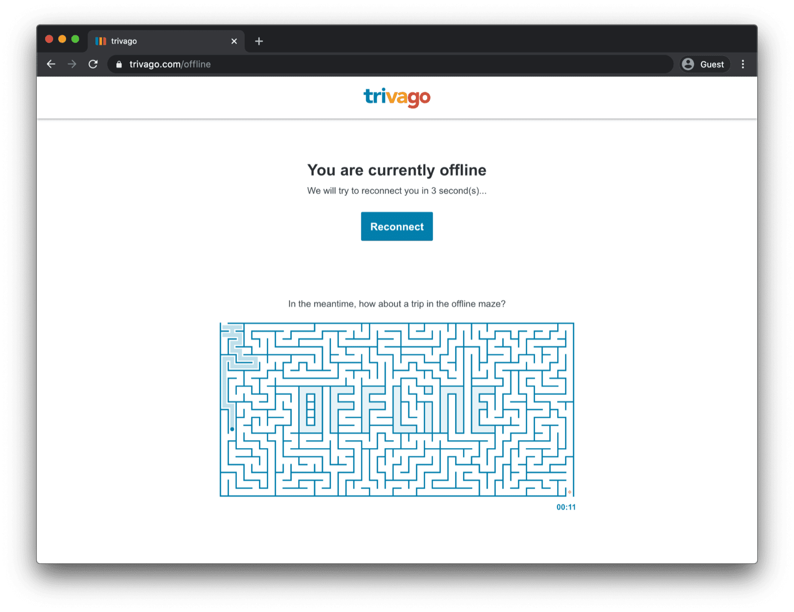 Die Trivago-Offlineseite mit dem Trivago-Offline-Labyrinth.