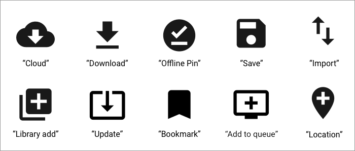 Różne przykłady ikon, które przedstawiają treści offline