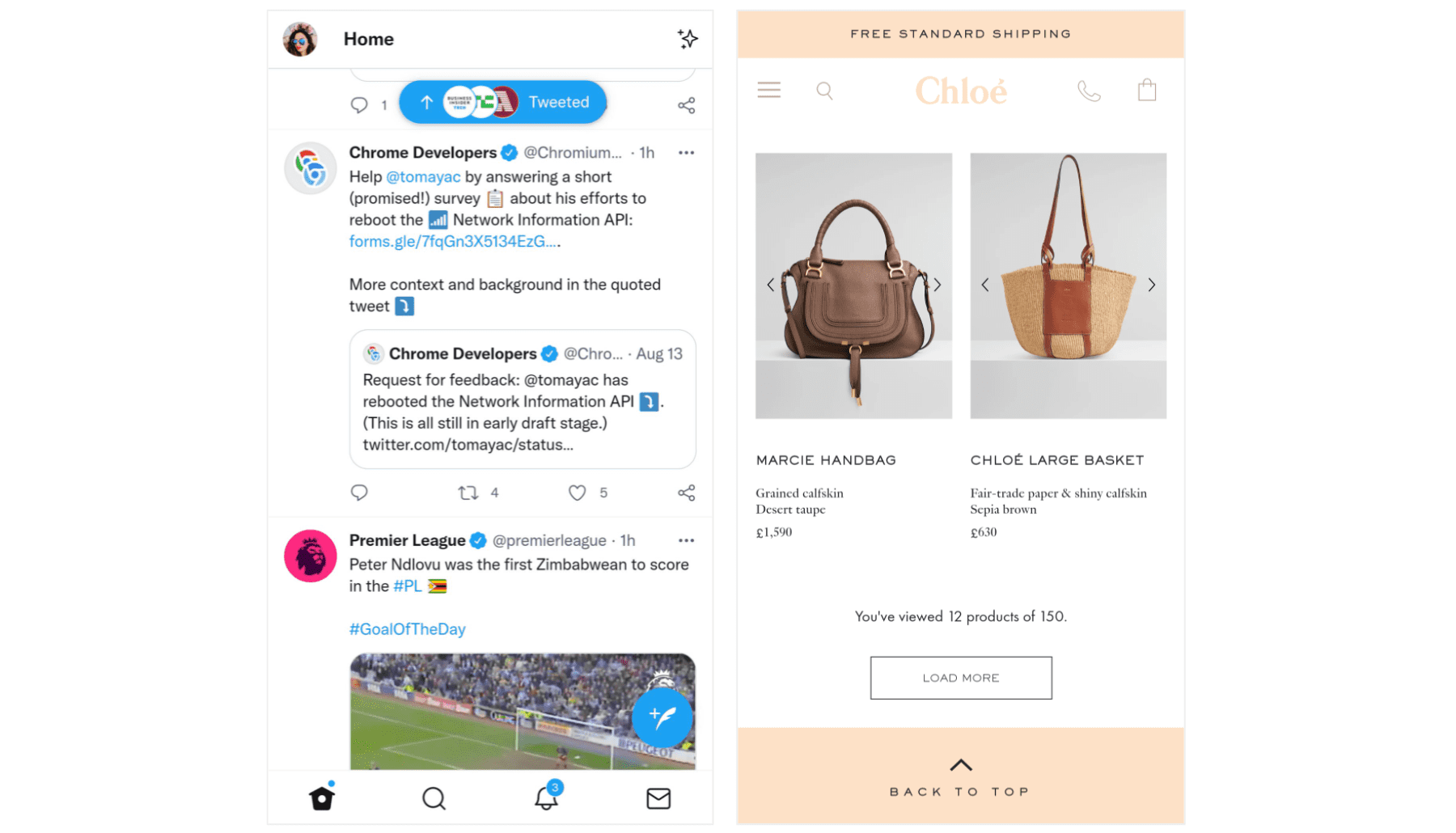 Esempi di caricamento di contenuti dinamici senza causare cambiamenti imprevisti nel layout di Twitter e del sito web di Chloé