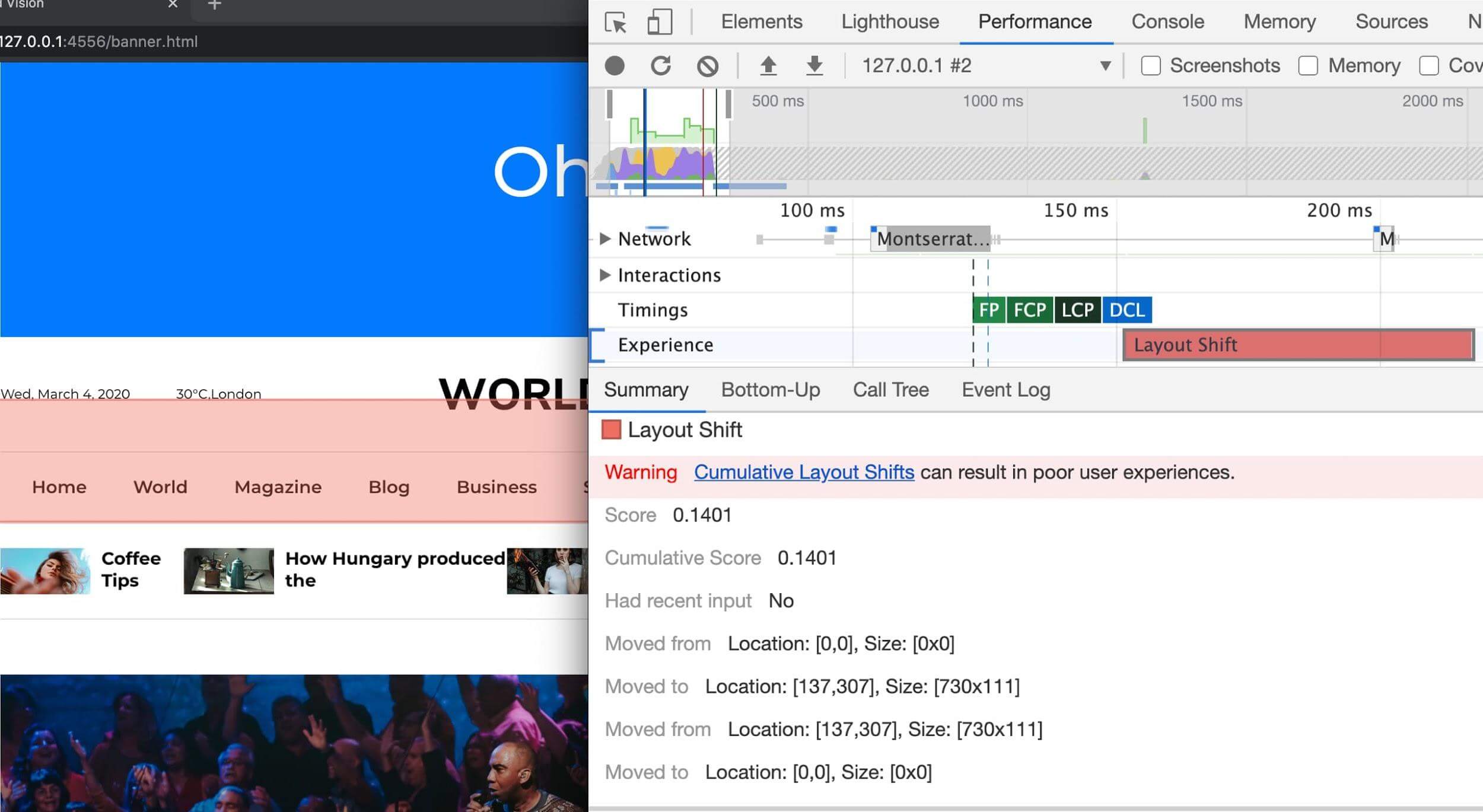 Data Layout Shift yang ditampilkan di panel performa Chrome DevTools saat meluaskan bagian Pengalaman