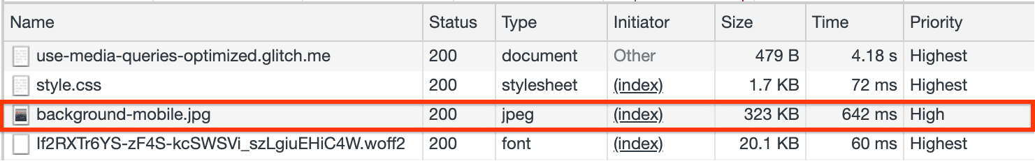 ऑप्टिमाइज़ की गई बैकग्राउंड इमेज के लिए, DevTools का नेटवर्क ट्रेस.