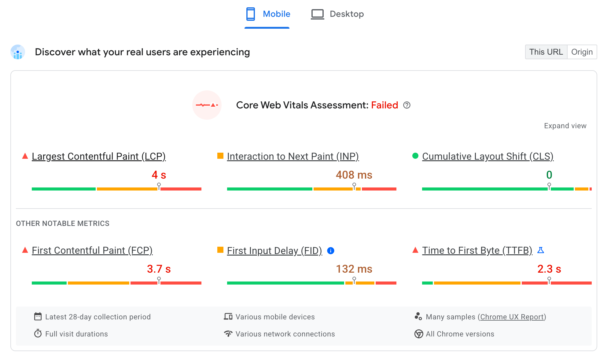 איך מוצגים נתוני CrUX ב-PageSpeed Insights לגבי מדדי הליבה לבדיקת חוויית המשתמש בכתובת URL. כל אחד מהמדדים הבסיסיים של חוויית המשתמש מוצג בנפרד, וכל מדד מקובץ לפי ערכי הסף &#39;טוב&#39;, &#39;דרוש שיפור&#39; ו &#39;איטי&#39; ב-28 הימים האחרונים.