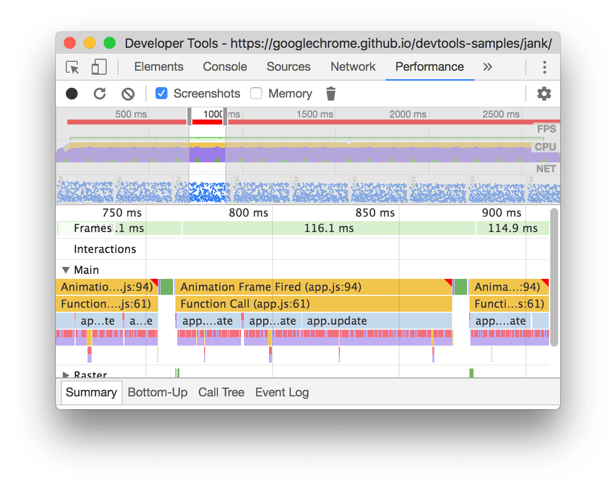 Una grabación de rendimiento en las herramientas para desarrolladores de Chrome