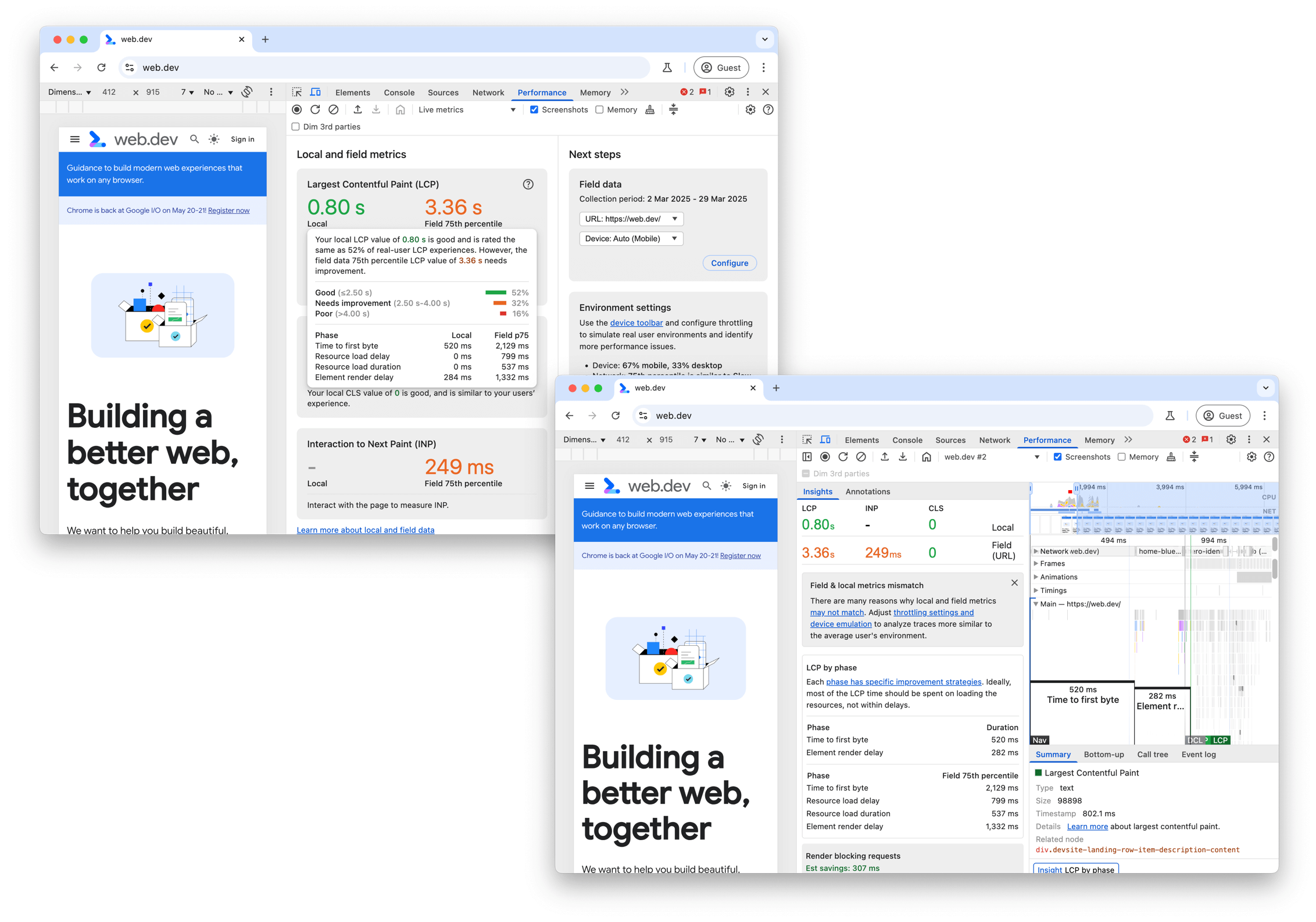 LCP locale e sul campo nel pannello Prestazioni di Chrome DevTools