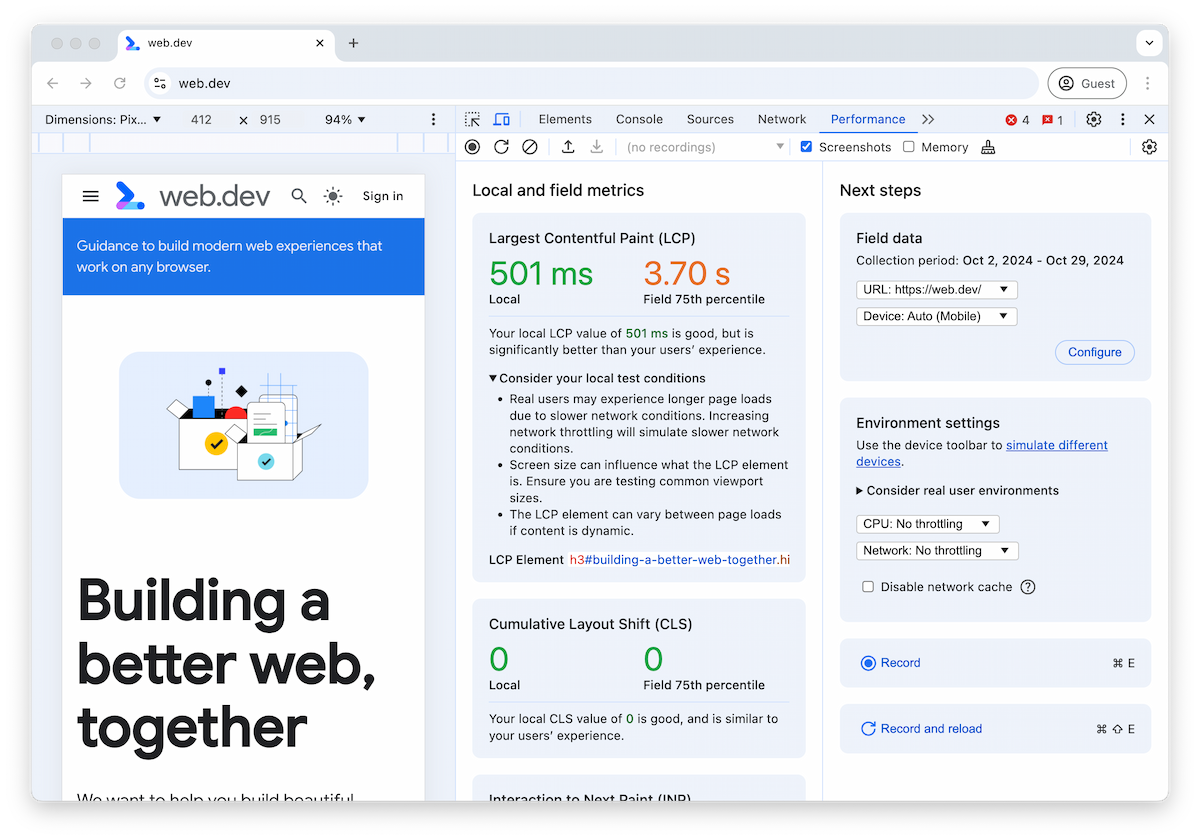 LCP local e de campo no painel &quot;Performance&quot; do Chrome DevTools