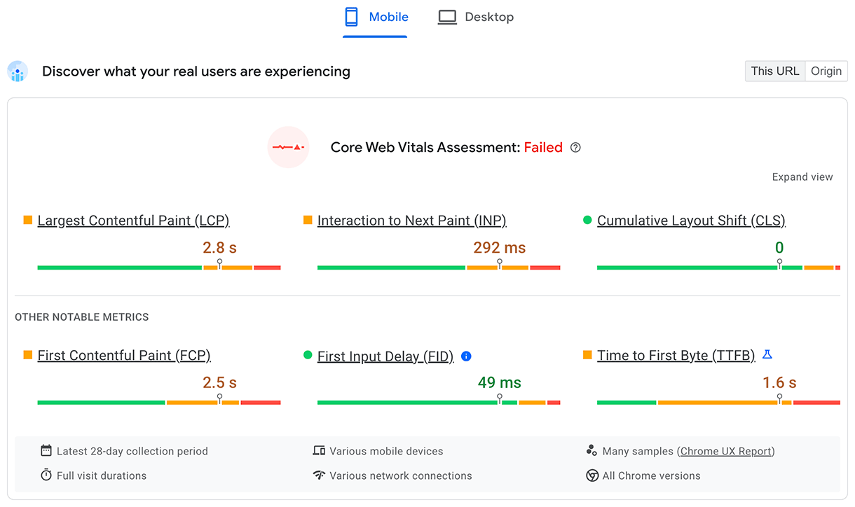 Datos de CrUX que se muestran en PageSpeed Insights